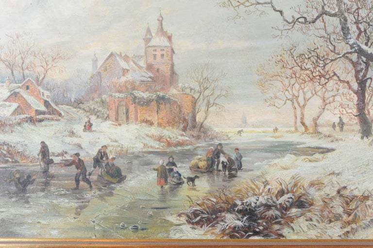 Lovely Painting Early 20th Century Dutch Winter Landscape in 17th Century Style For Sale 2