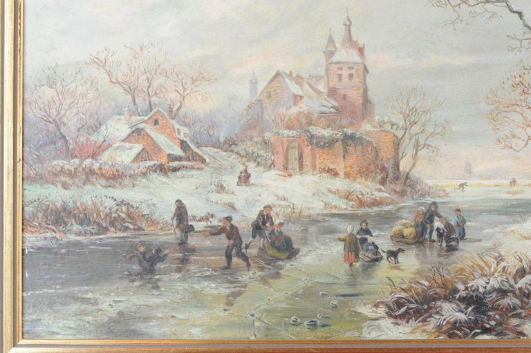Lovely Painting Early 20th Century Dutch Winter Landscape in 17th Century Style For Sale 3