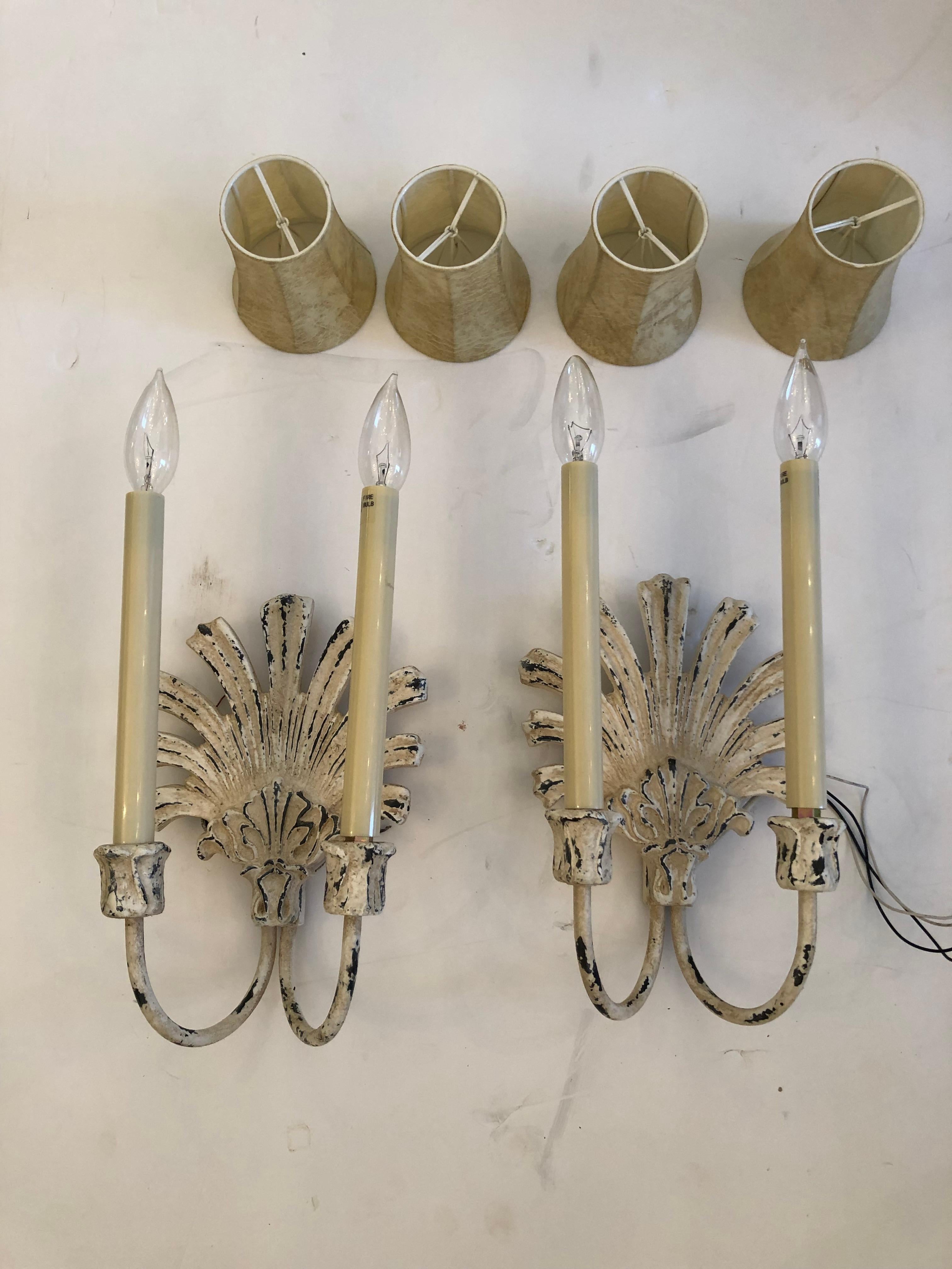 Lovely Painted Distressed Iron Shell Back Wall Sconces For Sale 1