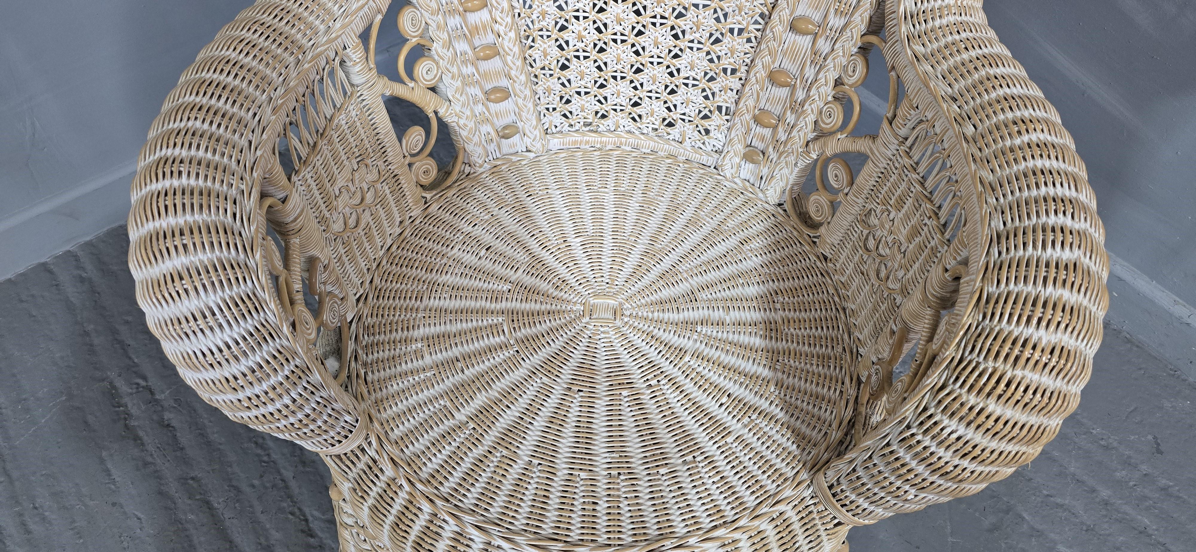 English Lovely Painted Wicker Peacock Chair For Sale