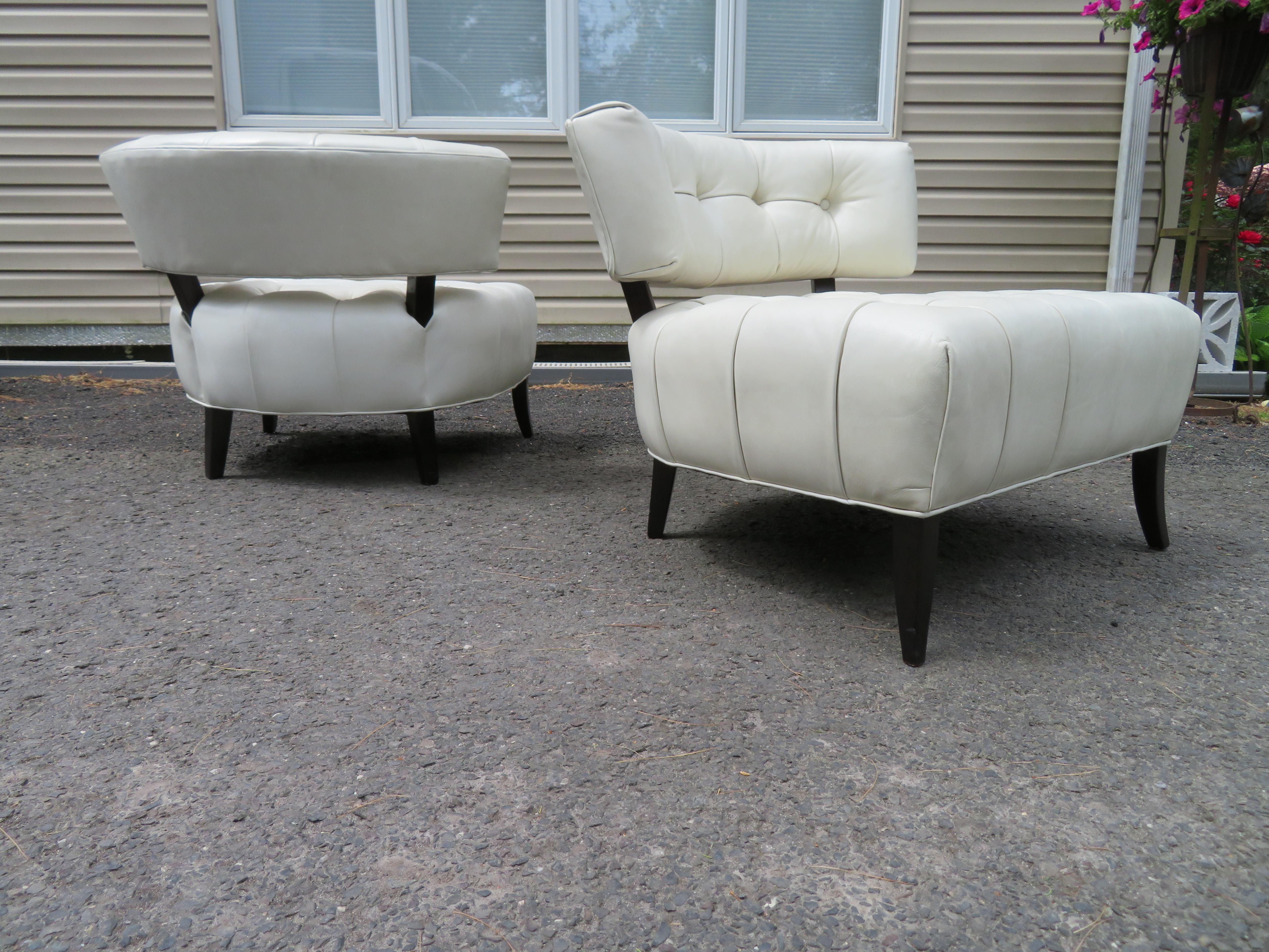 Lovely Pair Billy Haines Style Large Scale Tufted Lounge Slipper Regency Chairs For Sale 2