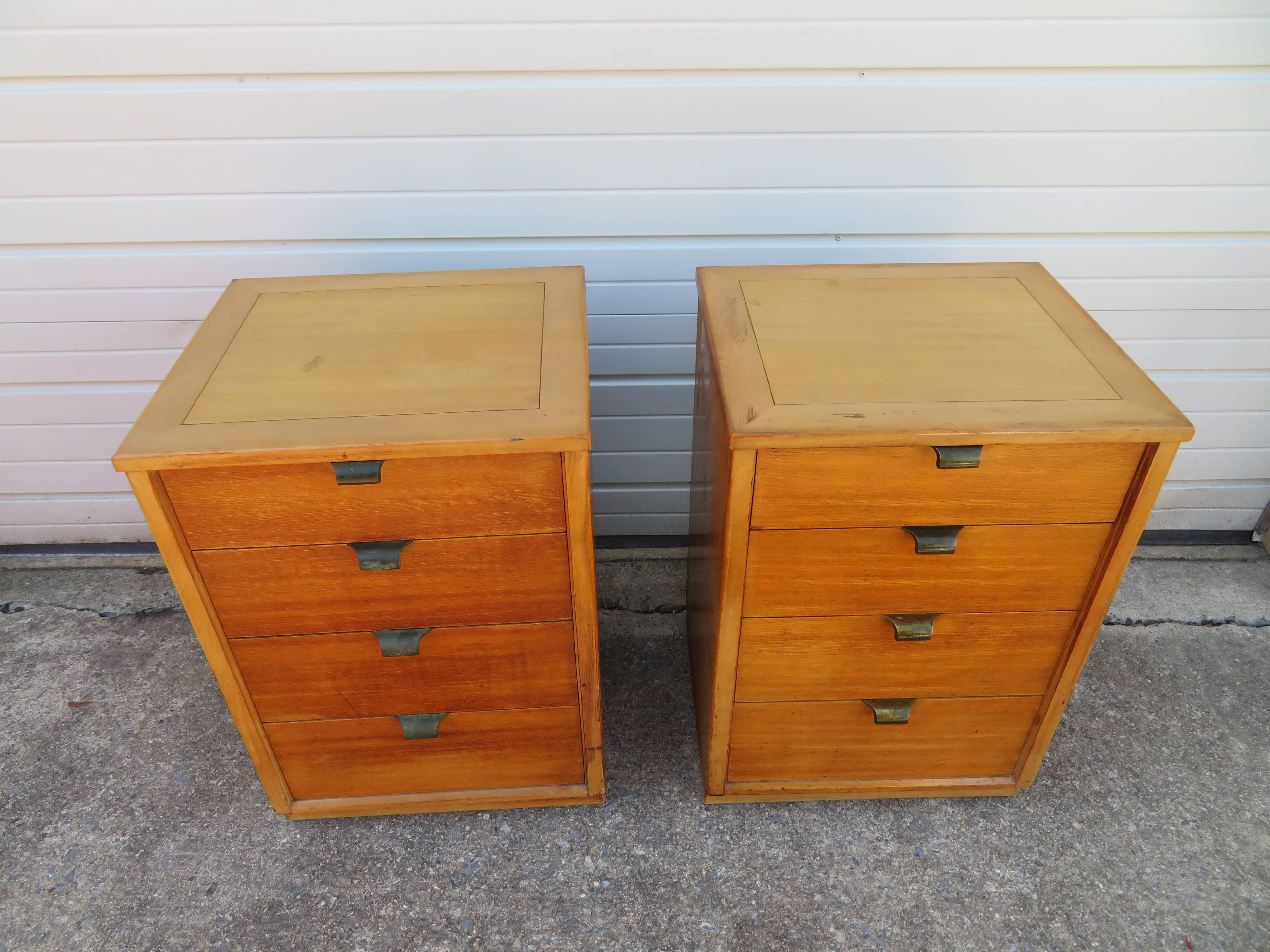 Lovely pair of Edward Wormley for Drexel precedent end tables or nightstands. These pieces are in vintage condition and do show wear to the finish-we recommend refinishing or lacquering. We imagine them in a fun color like turquoise or orange-how