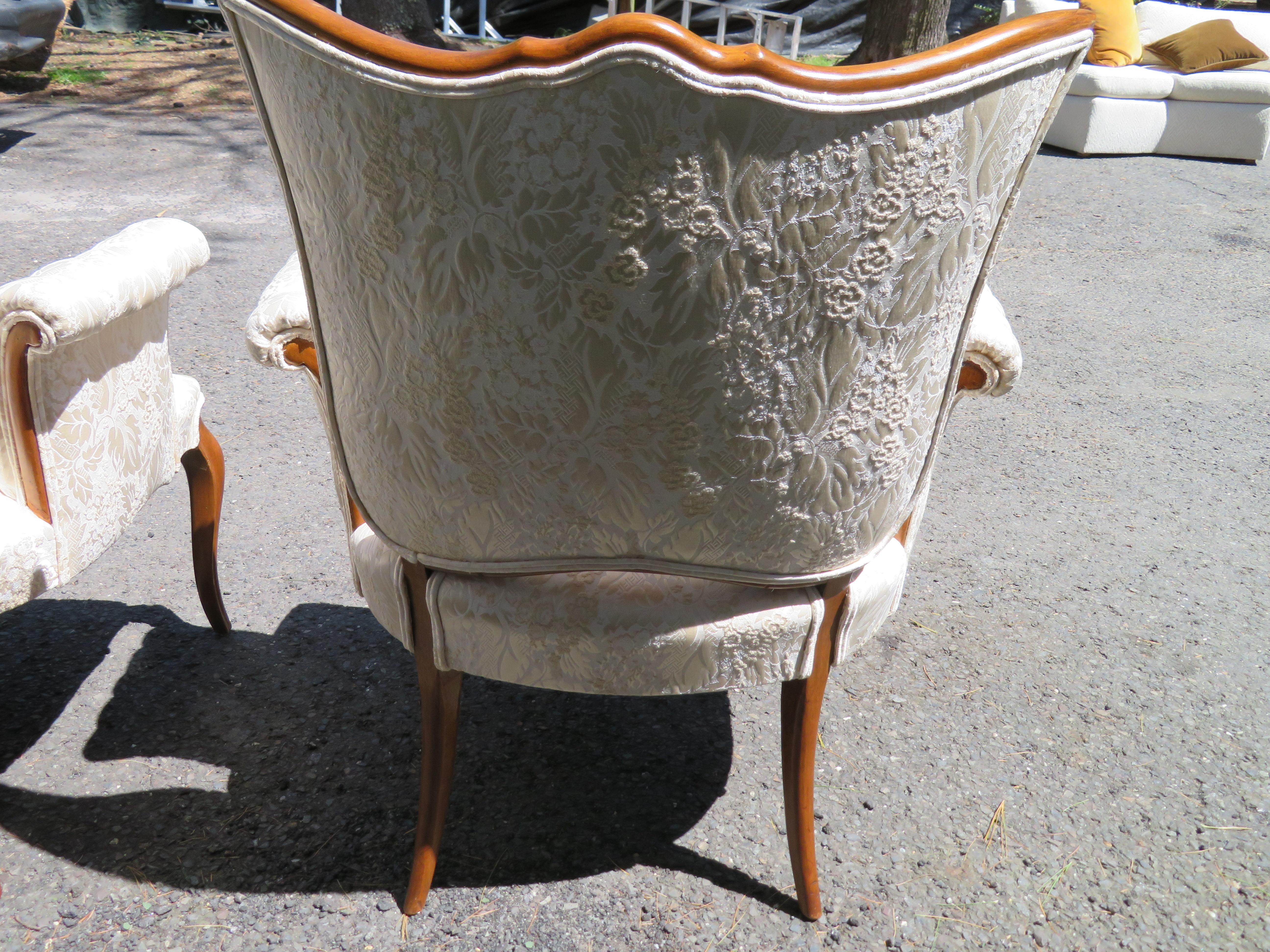 Lovely Pair Hollywood Regency Scroll Arm Chairs Attr. Grosfeld House In Good Condition In Pemberton, NJ