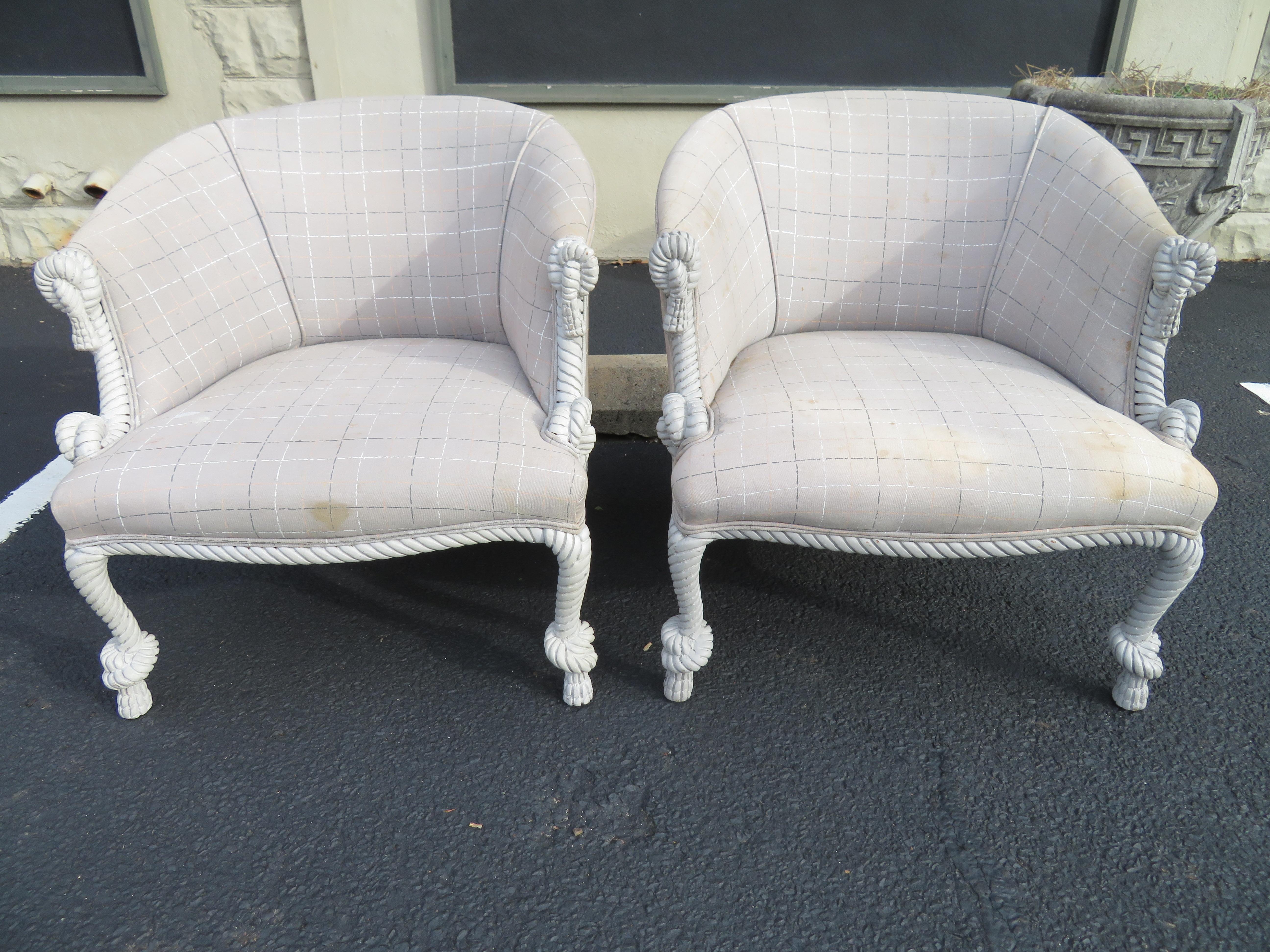 Lovely pair of 1950s Italian rope and tassel chairs. This pair will need reupholstering.