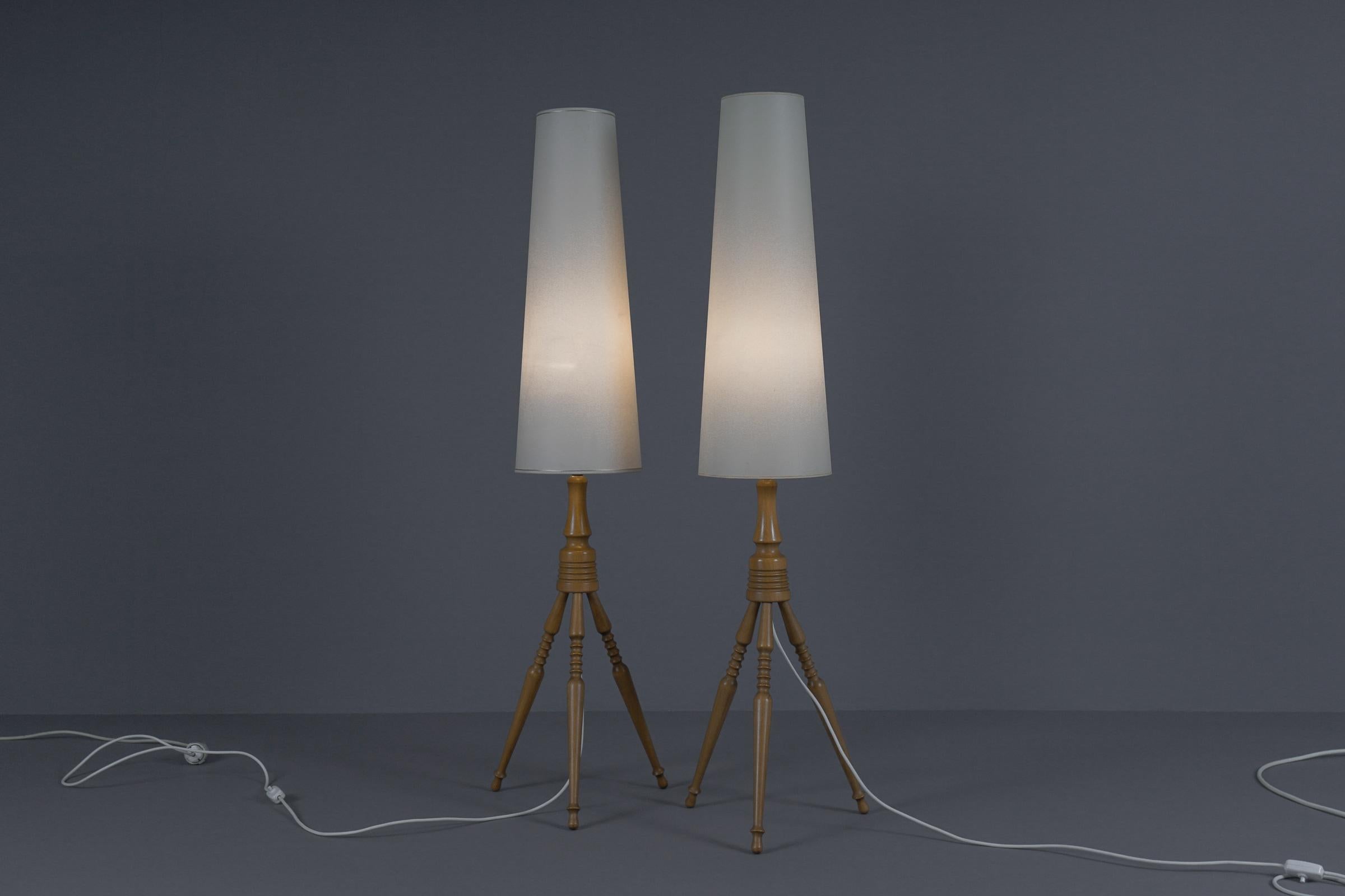 French Lovely Pair Mid-Century Modern Floor Lamps in Wood, 1960s, France For Sale