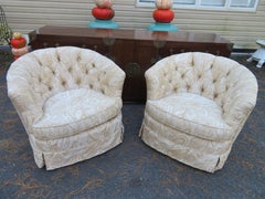 Lovely Pair Milo Baughman style Barrel Back Swivel Rocker Chairs Mid-Century