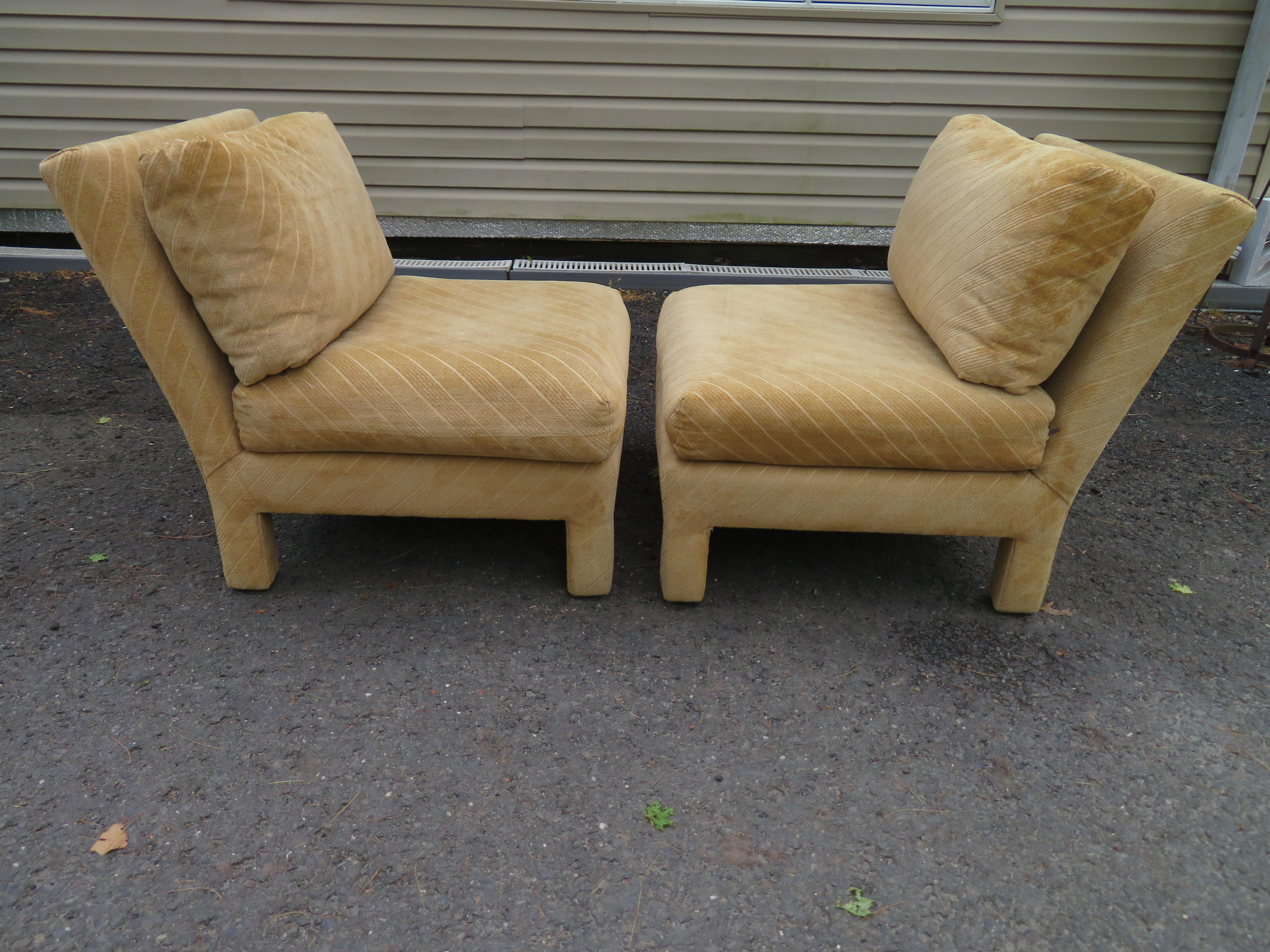 Lovely Pair Milo Baughman Style Upholstered Parson Slipper Chairs Mid-Century 2