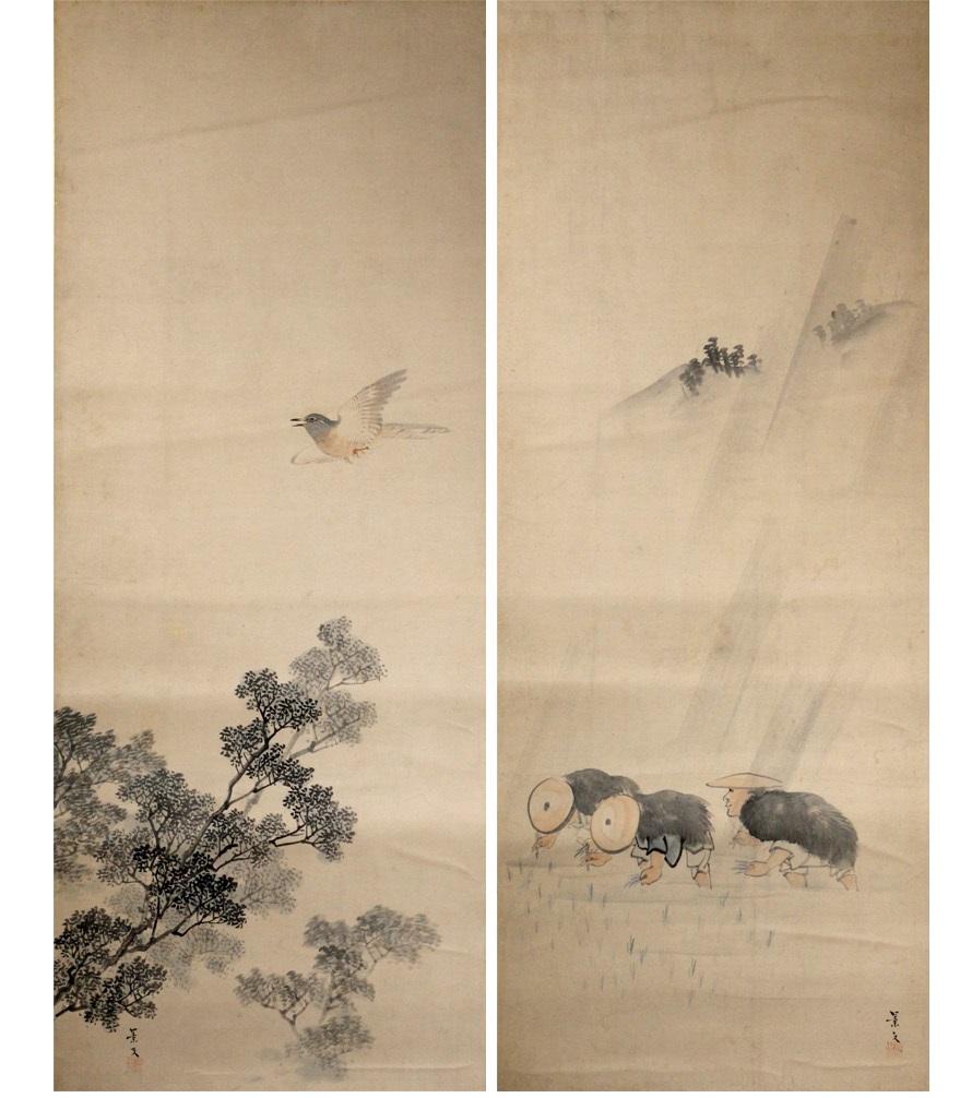Early summer rice planting and poultry drawing drawn by Keibun Matsumura As you can see, there are two folding screens.
It
is an interesting work that shows the bird's figure flying to the person who works in rice field and each unique taste.