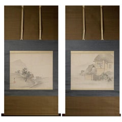 Antique Lovely Pair of Nihonga Scene Edo Period Scroll Japan Artist Matsumura Keibun