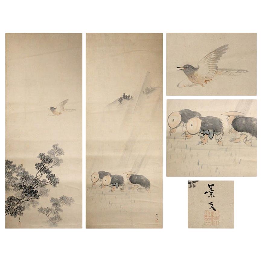 Lovely Pair Nihonga Scene Edo Period Scroll Japan Artist Matsumura Keibun Japan For Sale
