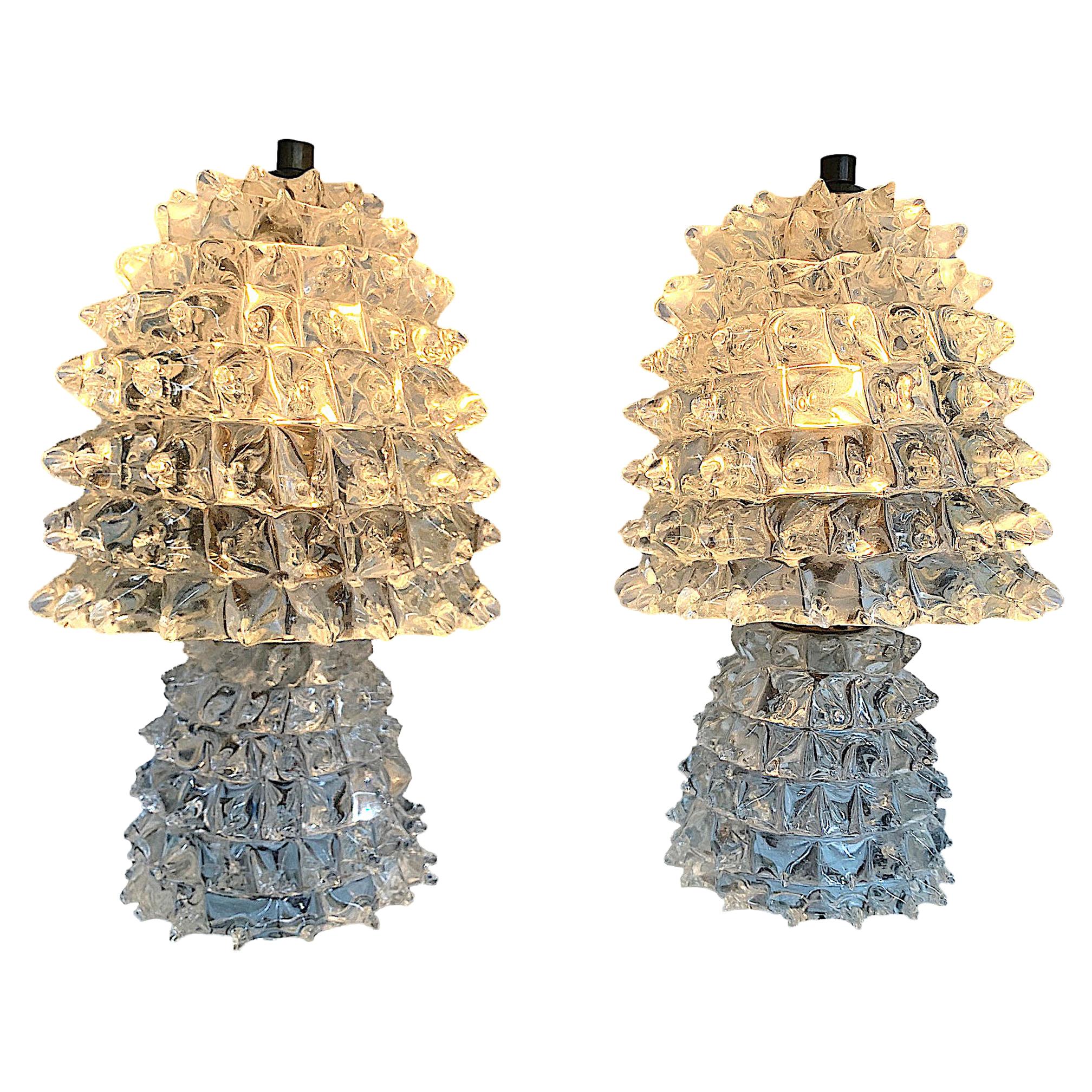 Lovely Pair of 1940s Barovier e Toso Rostrate Murano Glass Lamps 