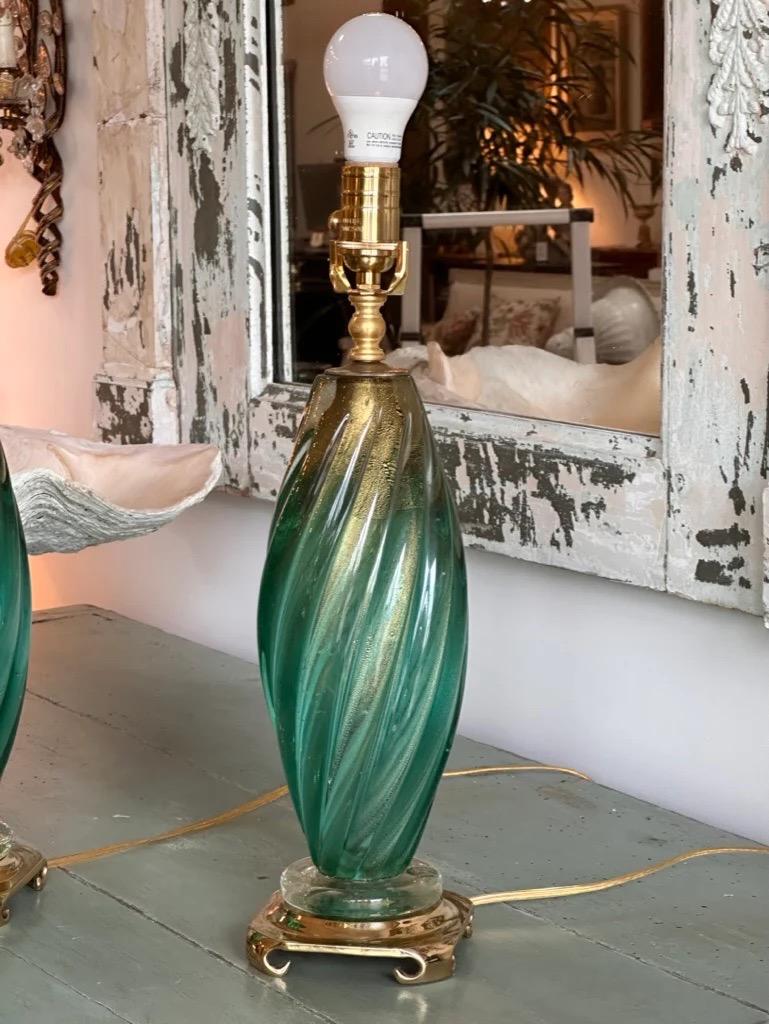 Pair 1950s Murano lamps, twisting green with gold flecks.  24” h to top of harp, 14” from base to top of glass portion, 5” diam. Not including shades.  Gucci shades, $350 each.


