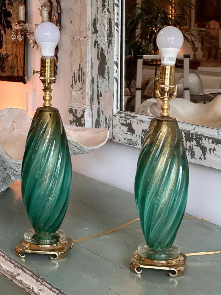 Lovely pair of 1950s Murano Lamps - Green, gold, turquoise In Good Condition In Charlottesville, VA