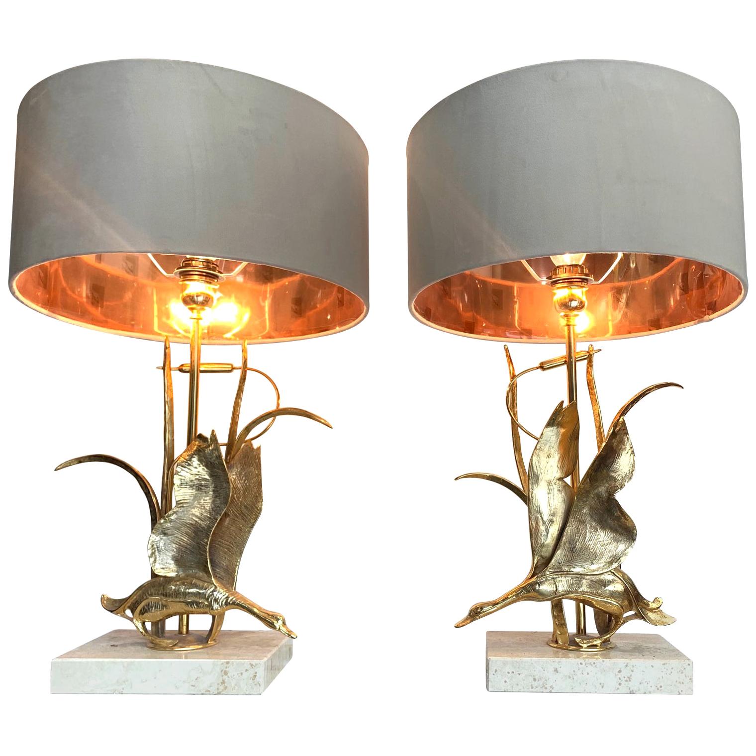 Lovely Pair of 1970s Brass Flying Duck Lamps on Travertine Bases by L. Galeotti
