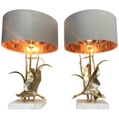 Vintage Lovely Pair of 1970s Brass Flying Duck Lamps on Travertine Bases by L. Galeotti