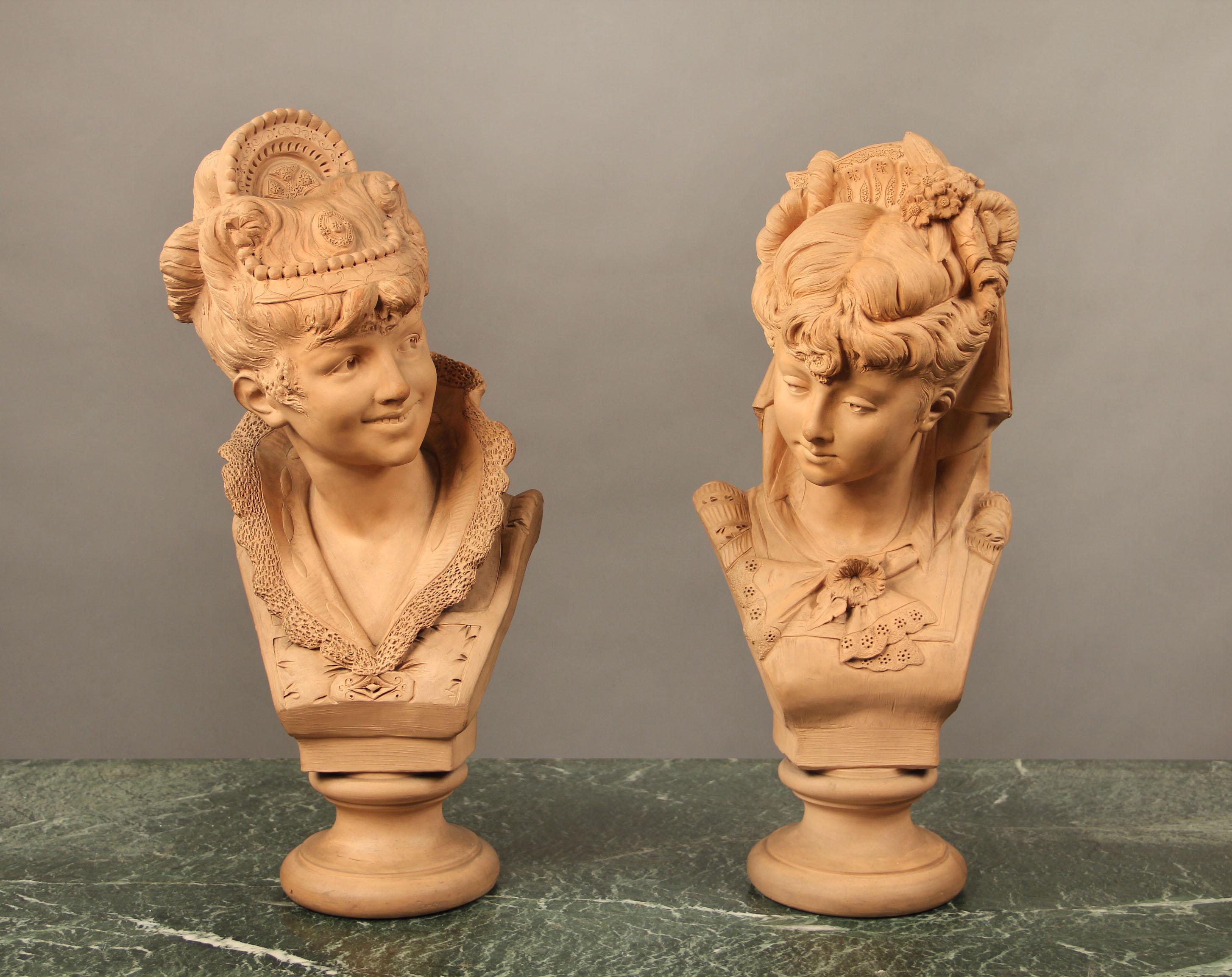 A lovely pair of late 19th century terracotta busts of beautiful girls by Adolphe-Jean Lavergne

Adolphe-Jean Lavergne

The girls dressed in formal attire with tiaras and flowers in the their hair, each smiling with heads turned and gazing at