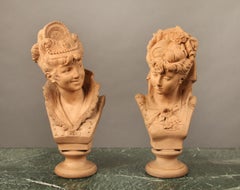Lovely Pair of 19th Century Terracotta Busts of Beautiful Girls by Lavergne