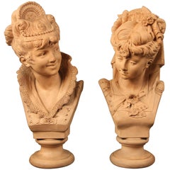 Lovely Pair of 19th Century Terracotta Busts of Beautiful Girls by Lavergne