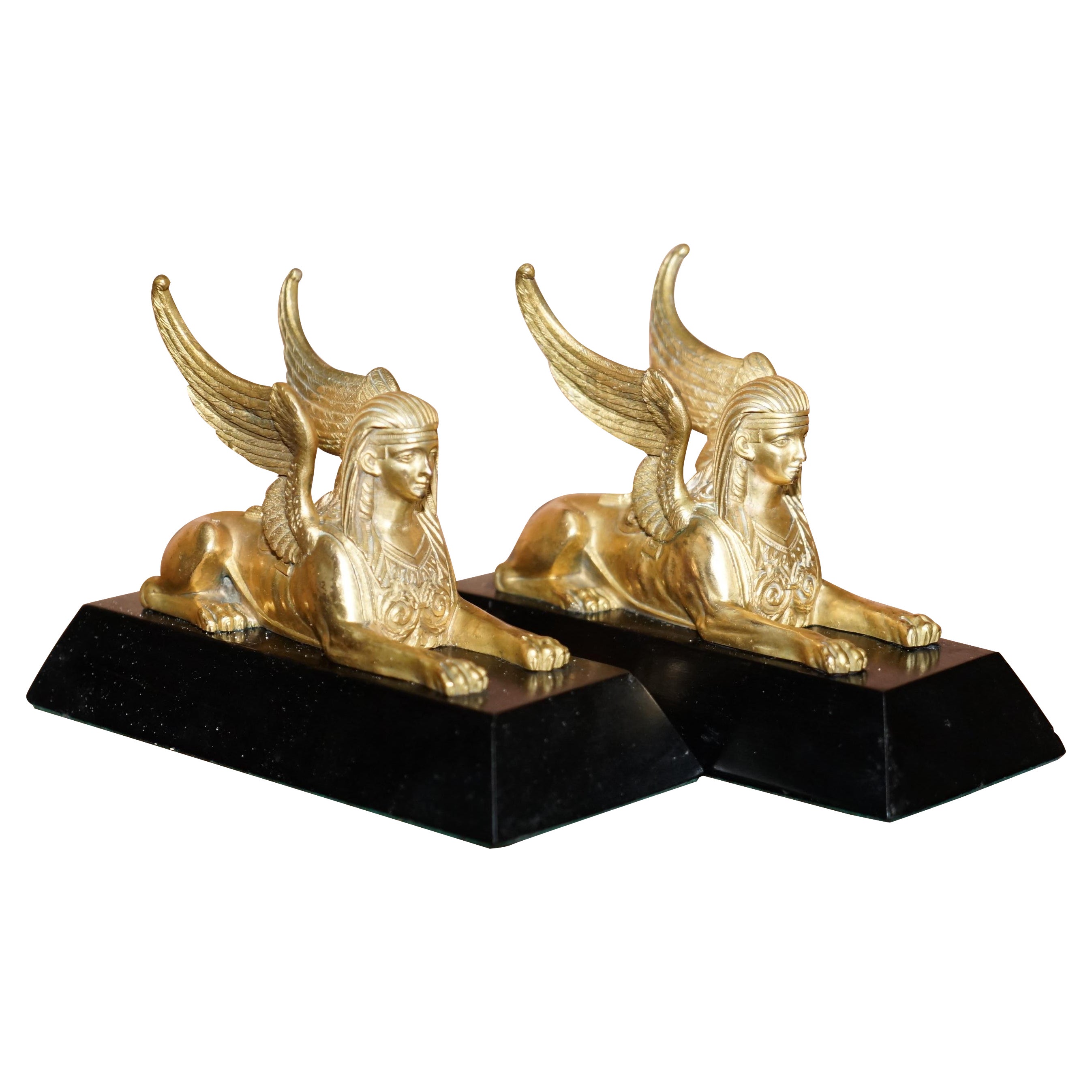 Lovely Pair of 19th Century Victorian Gold Gilt Bronze Grand Tour Sphinx Statues