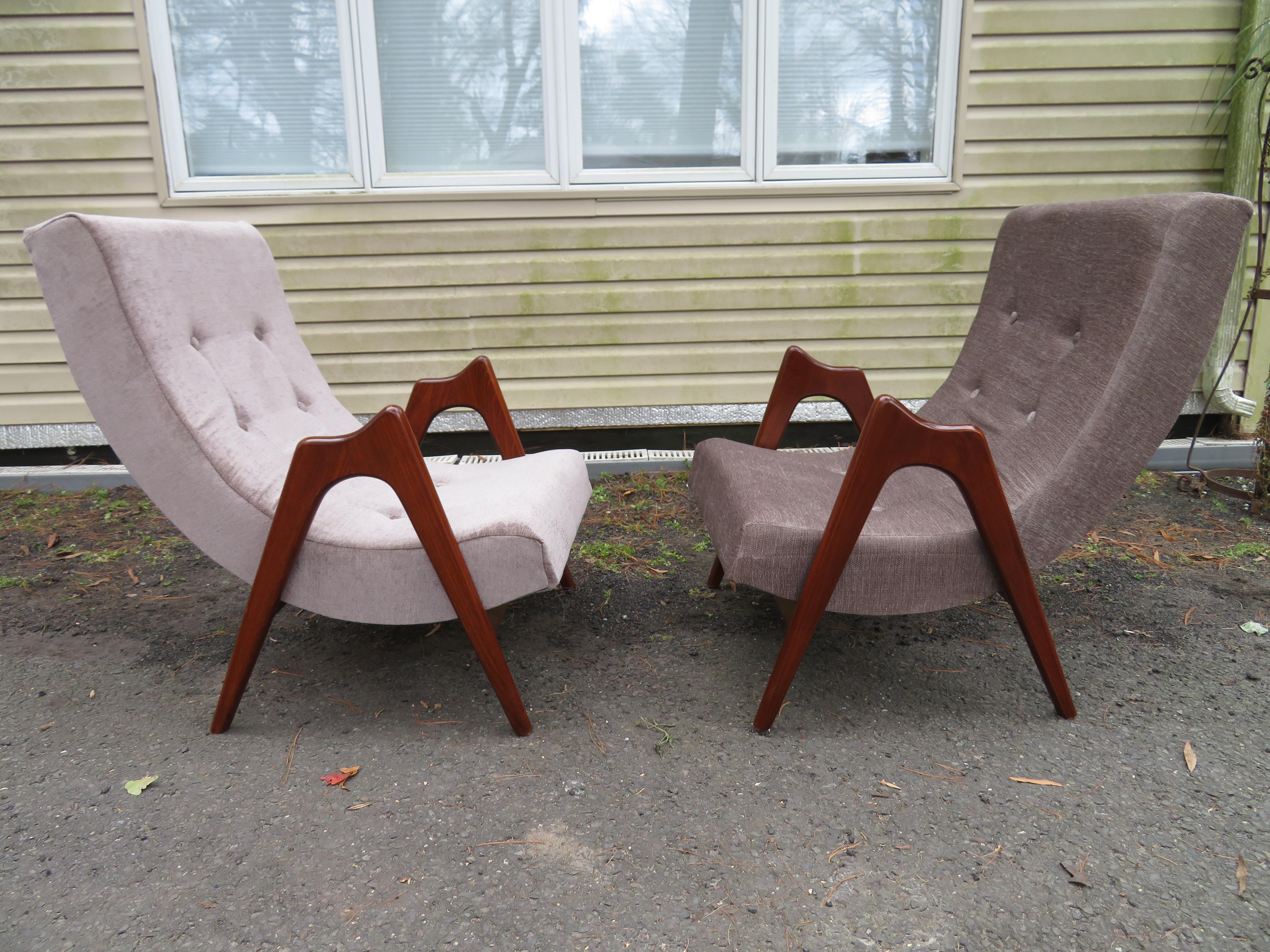 Lovely Pair of Adrian Pearsall sculptural walnut scoop chairs. This pair have been re-upholstered recently in a stunning beige grey velvet by the original owners and look great. The frames also look as though they may have been refinished and look