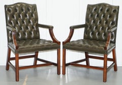 Lovely Pair of Aged Green Leather Chesterfield Gainsborough Carver Armchairs