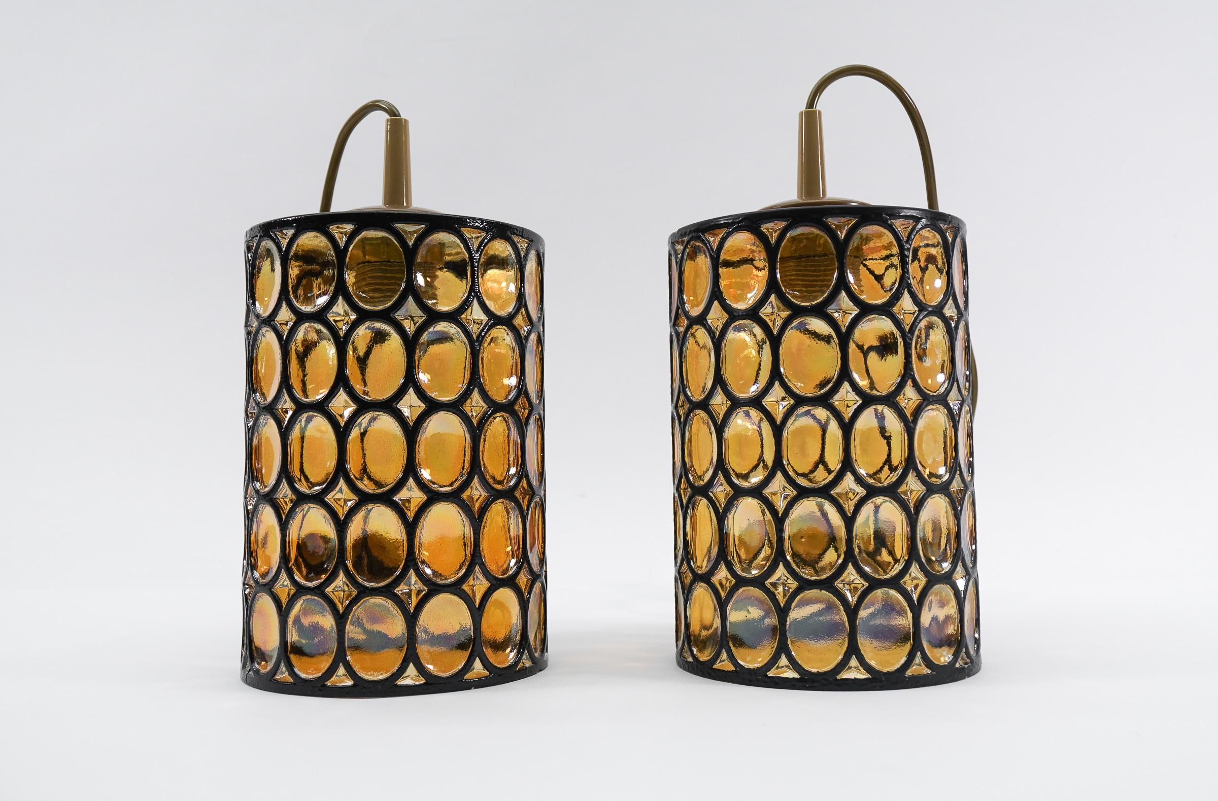 Lovely Pair of Amber Glass Ceiling Lamps by Limburg, Germany, 1960s For Sale 1