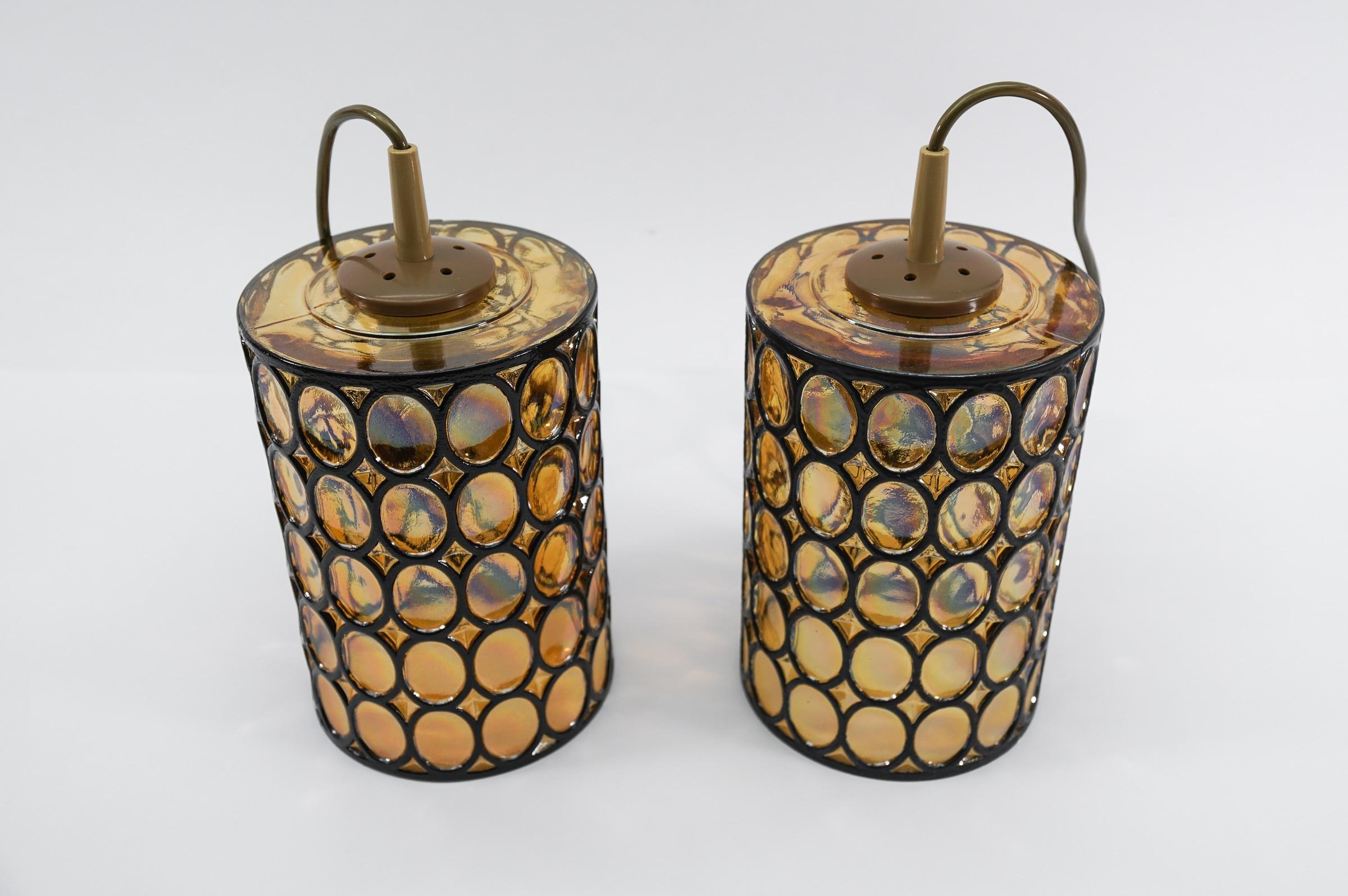 Lovely Pair of Amber Glass Ceiling Lamps by Limburg, Germany, 1960s 2