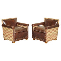 LOVELY PAIR OF ANDREW MARTIN MARLBOROUGH HERITAGE BROWN LEATHER KILIM ARMCHAiRS