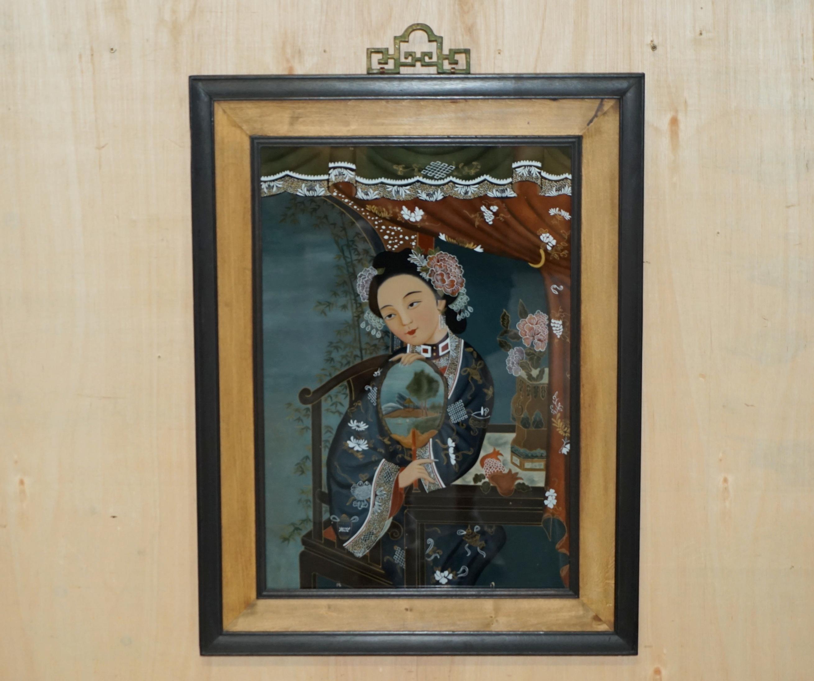 Lovely Pair of Antique Chinese Ancestral Portrait Hand Painted Glass Paintings For Sale 8