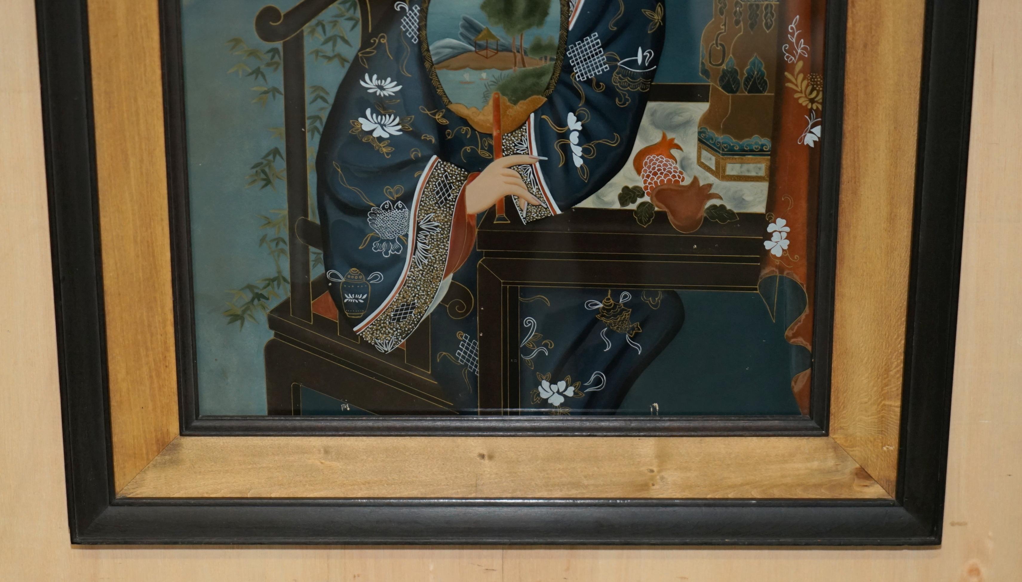 Schönes Paar antiker chinesischer handbemalter Glasgemälde mit altägyptischem Porträt im Angebot 10
