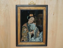 Lovely Pair of Antique Chinese Ancestral Portrait Hand Painted Glass Paintings