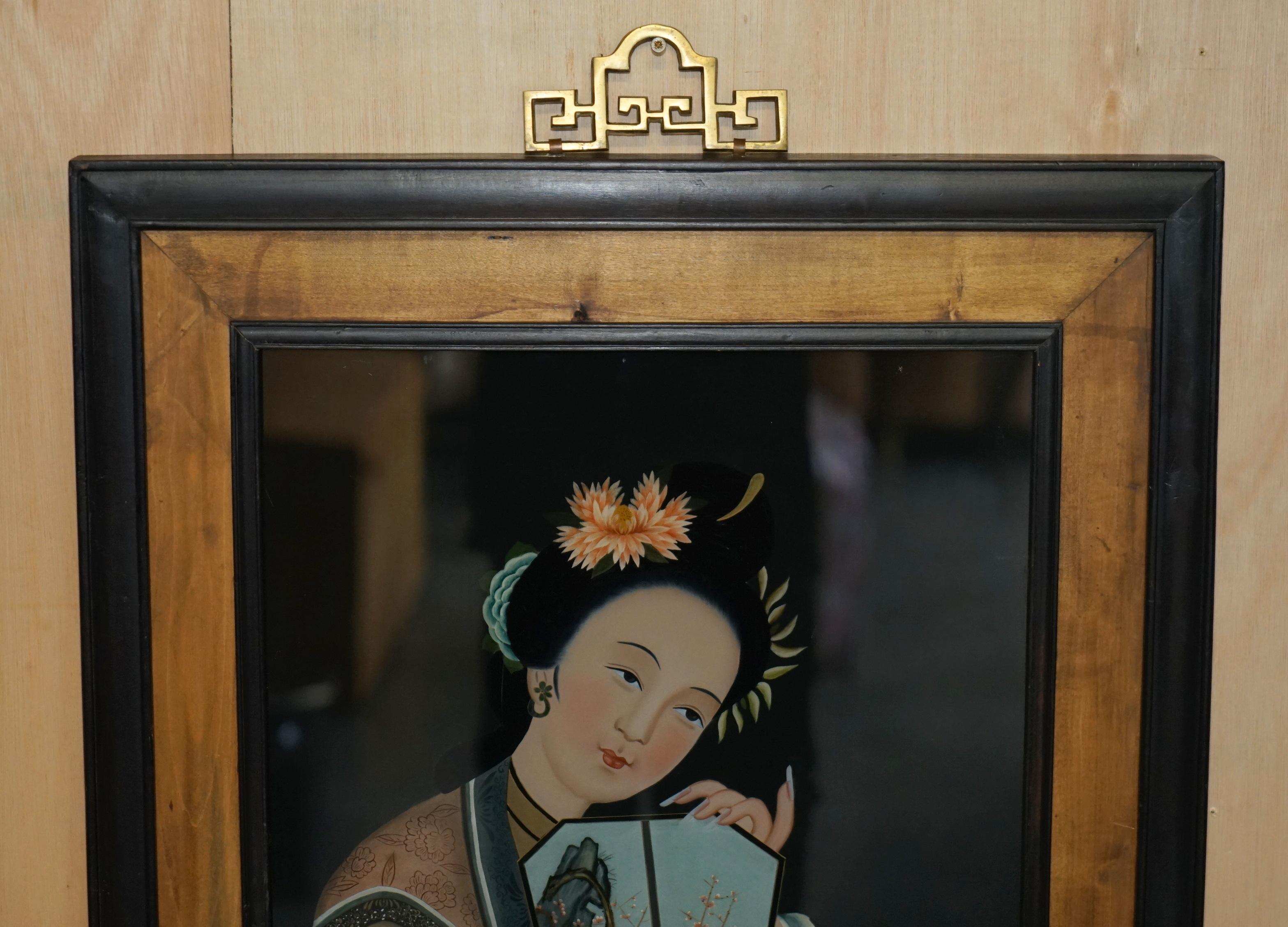 Chinese Export Lovely Pair of Antique Chinese Ancestral Portrait Hand Painted Glass Paintings For Sale