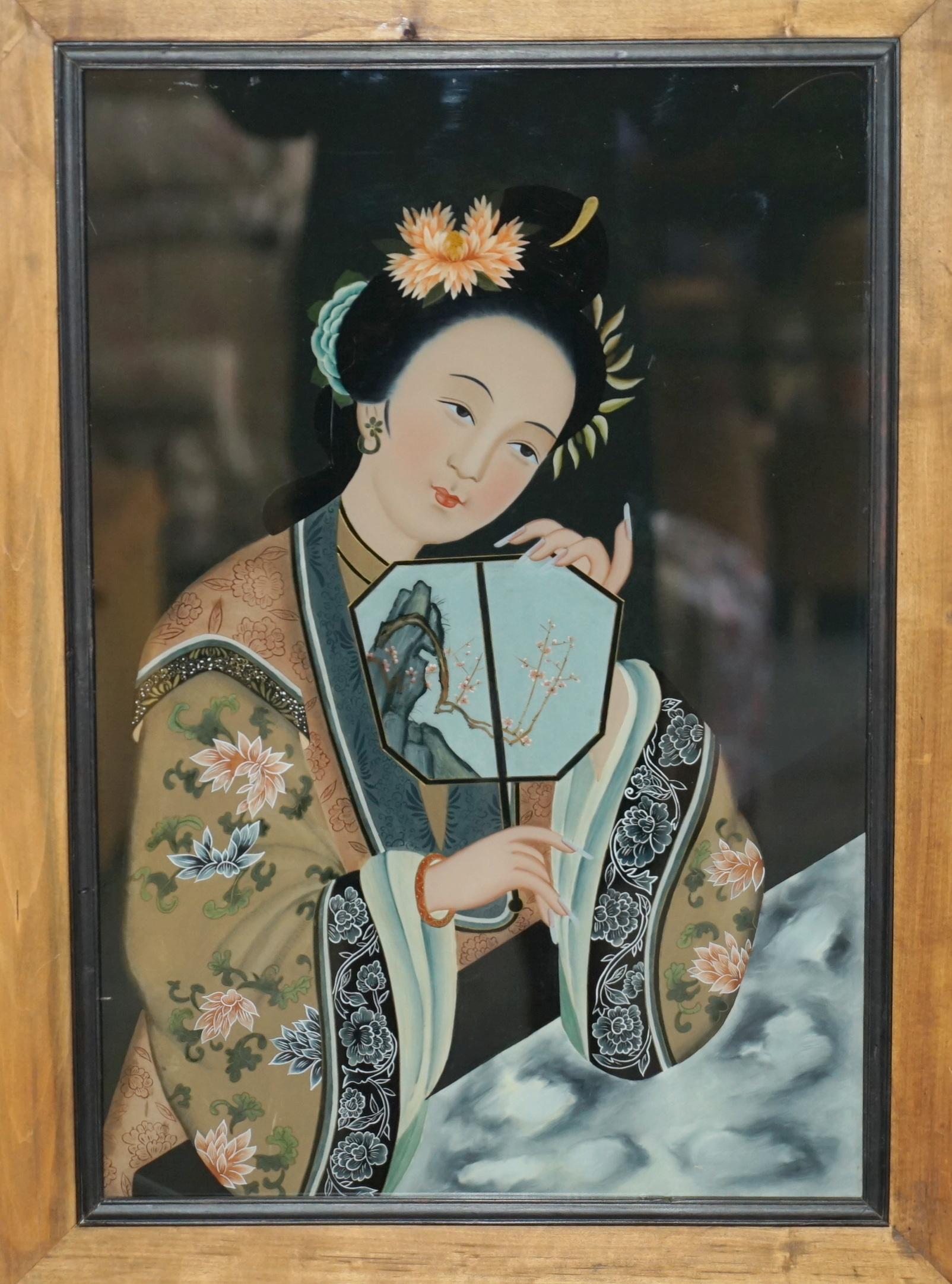 Lovely Pair of Antique Chinese Ancestral Portrait Hand Painted Glass Paintings For Sale 4