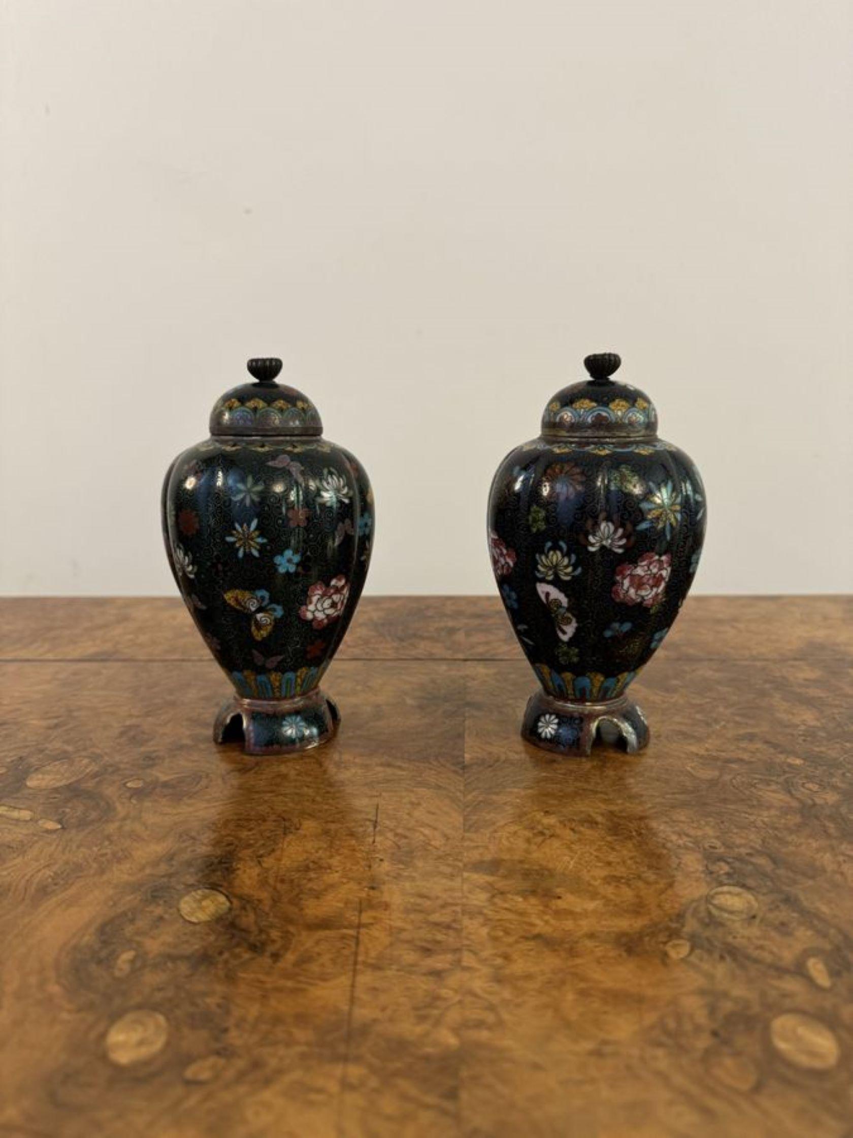 Ceramic Lovely pair of antique cloisonne lidded vases For Sale