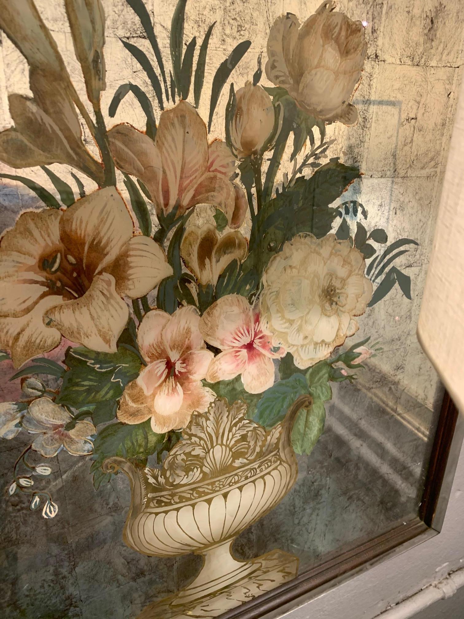 Lovely Pair of Antique Floral Églomisé Mirror Paintings of Flowers in Urns 1