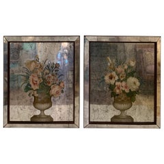 Lovely Pair of Antique Floral Églomisé Mirror Paintings of Flowers in Urns