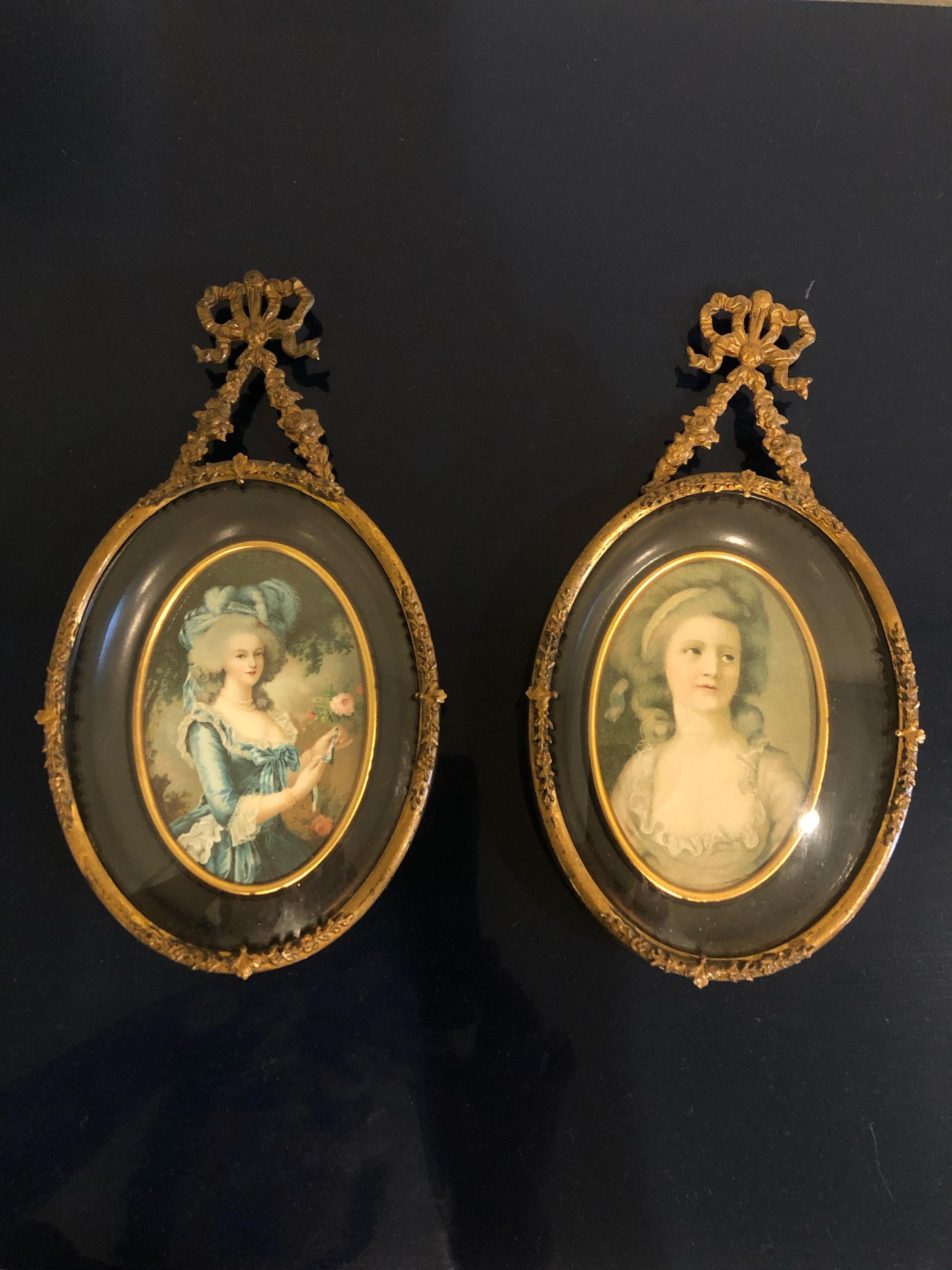 Lovely Pair of Antique Portrait Miniatures in Fancy Brass Frames In Good Condition In Hopewell, NJ