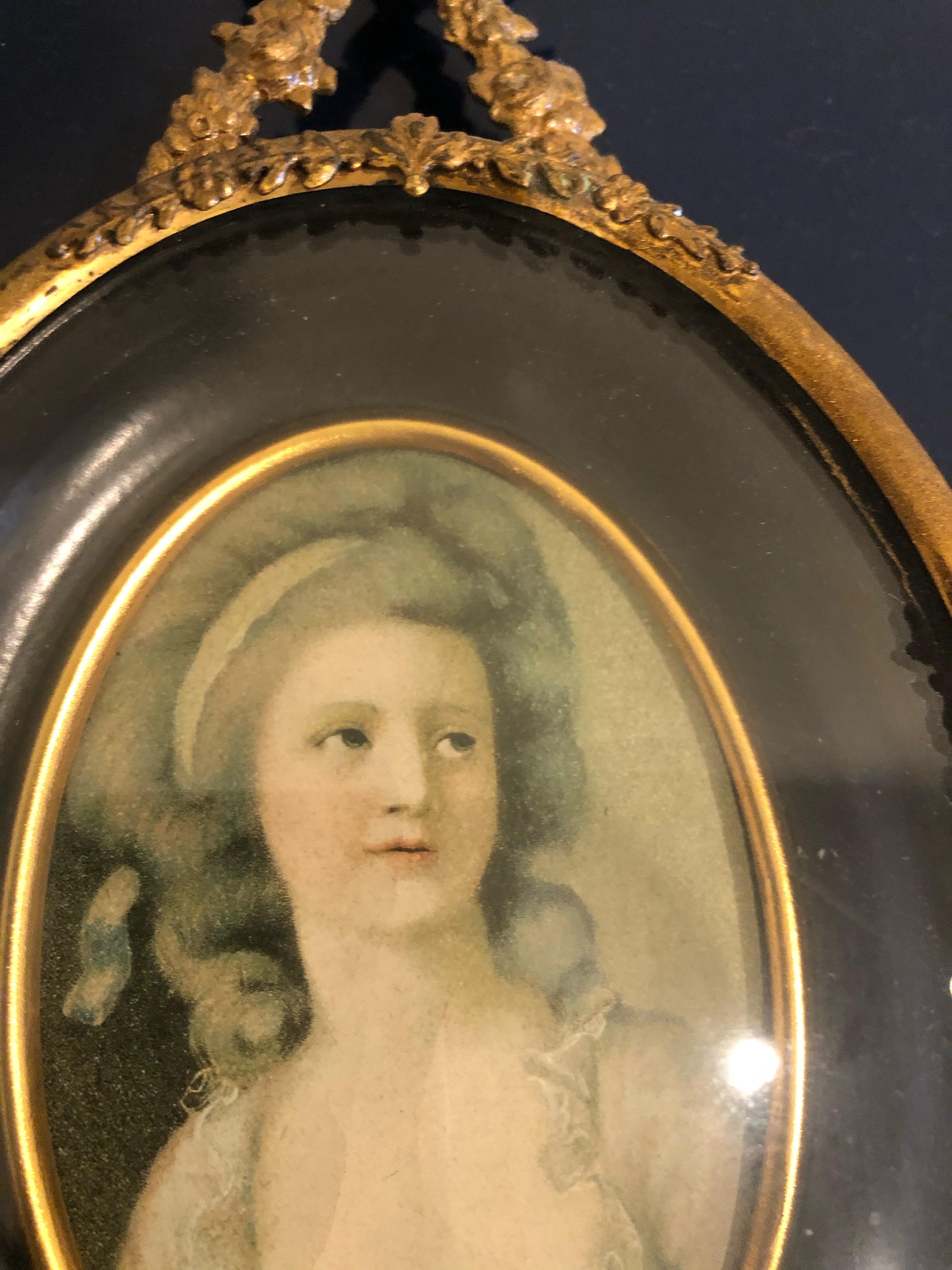 Lovely Pair of Antique Portrait Miniatures in Fancy Brass Frames 1
