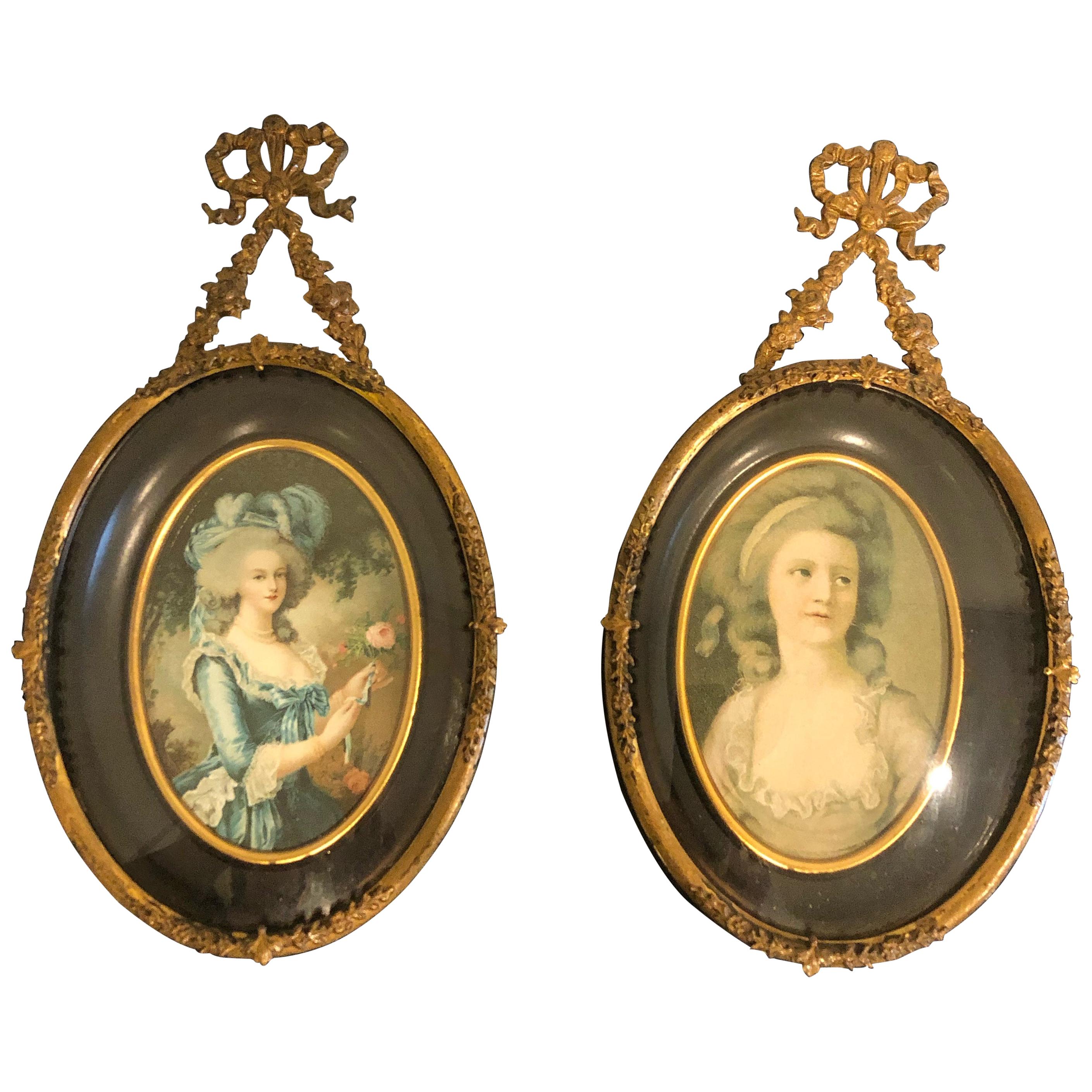 Lovely Pair of Antique Portrait Miniatures in Fancy Brass Frames