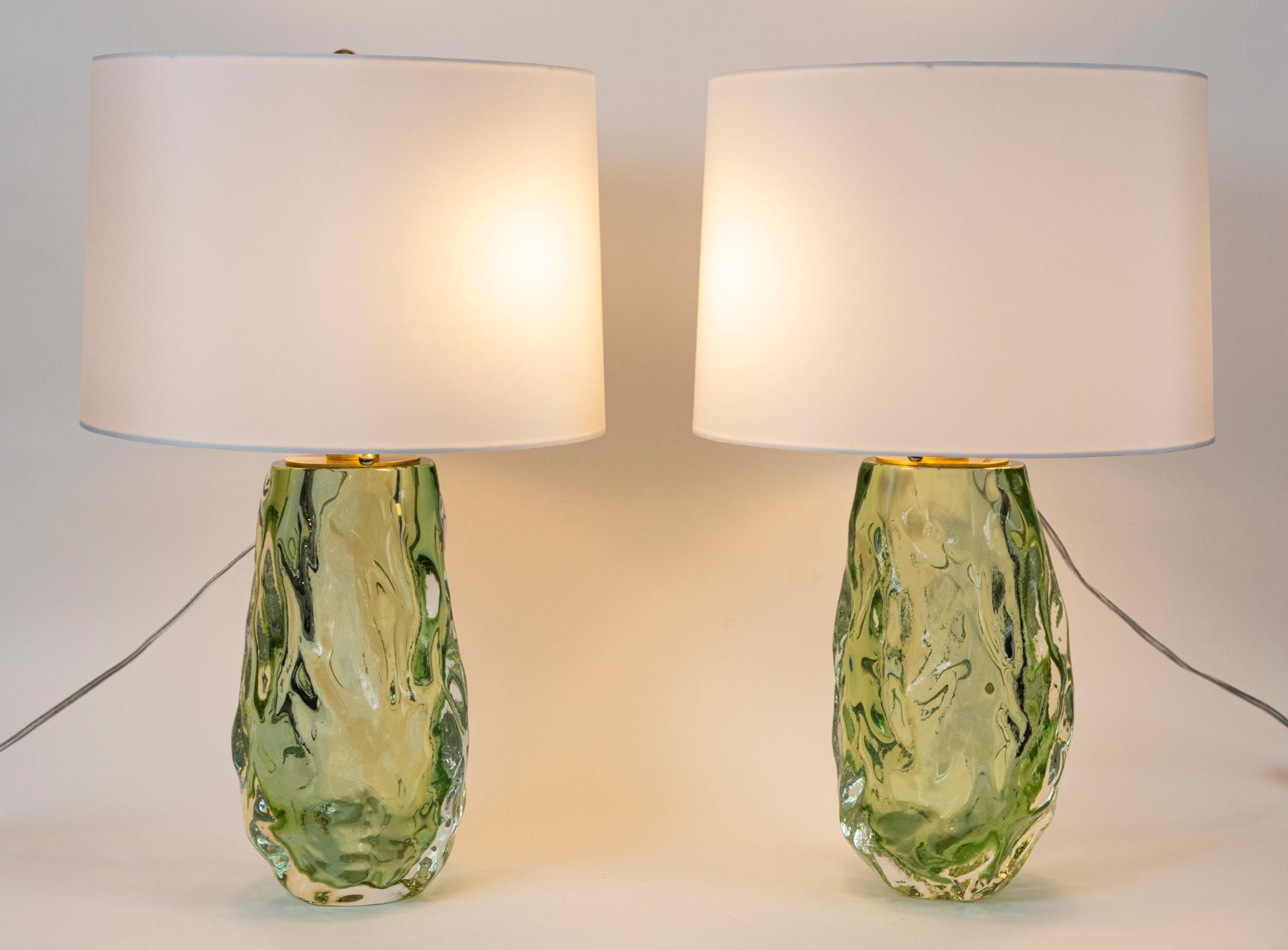 Lovely Pair of Artisan Blown Sea Green Lamps, Contemporary 3