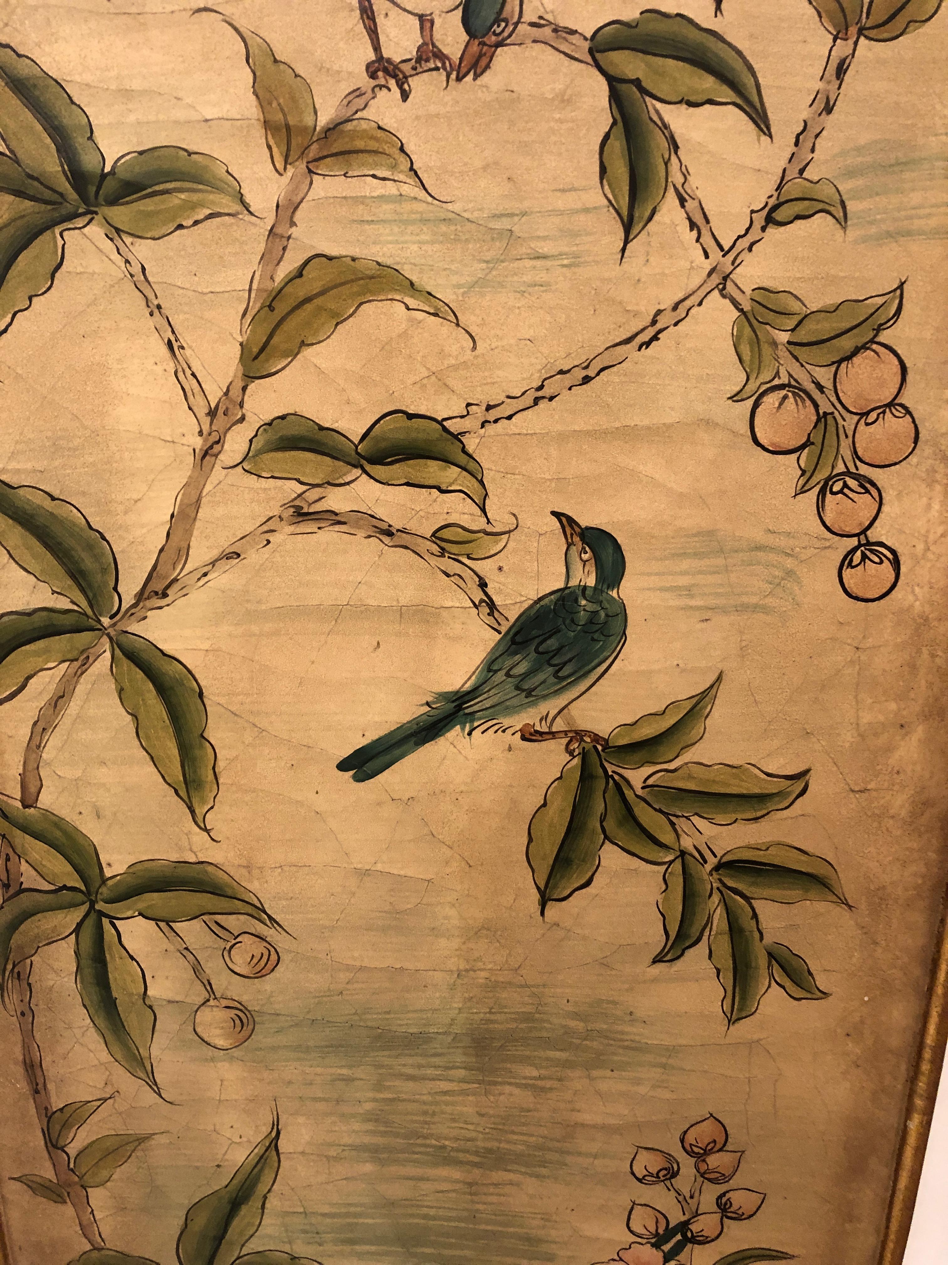 Lovely Pair of Asian Painted Panels with Exotic Birds In Excellent Condition In Hopewell, NJ