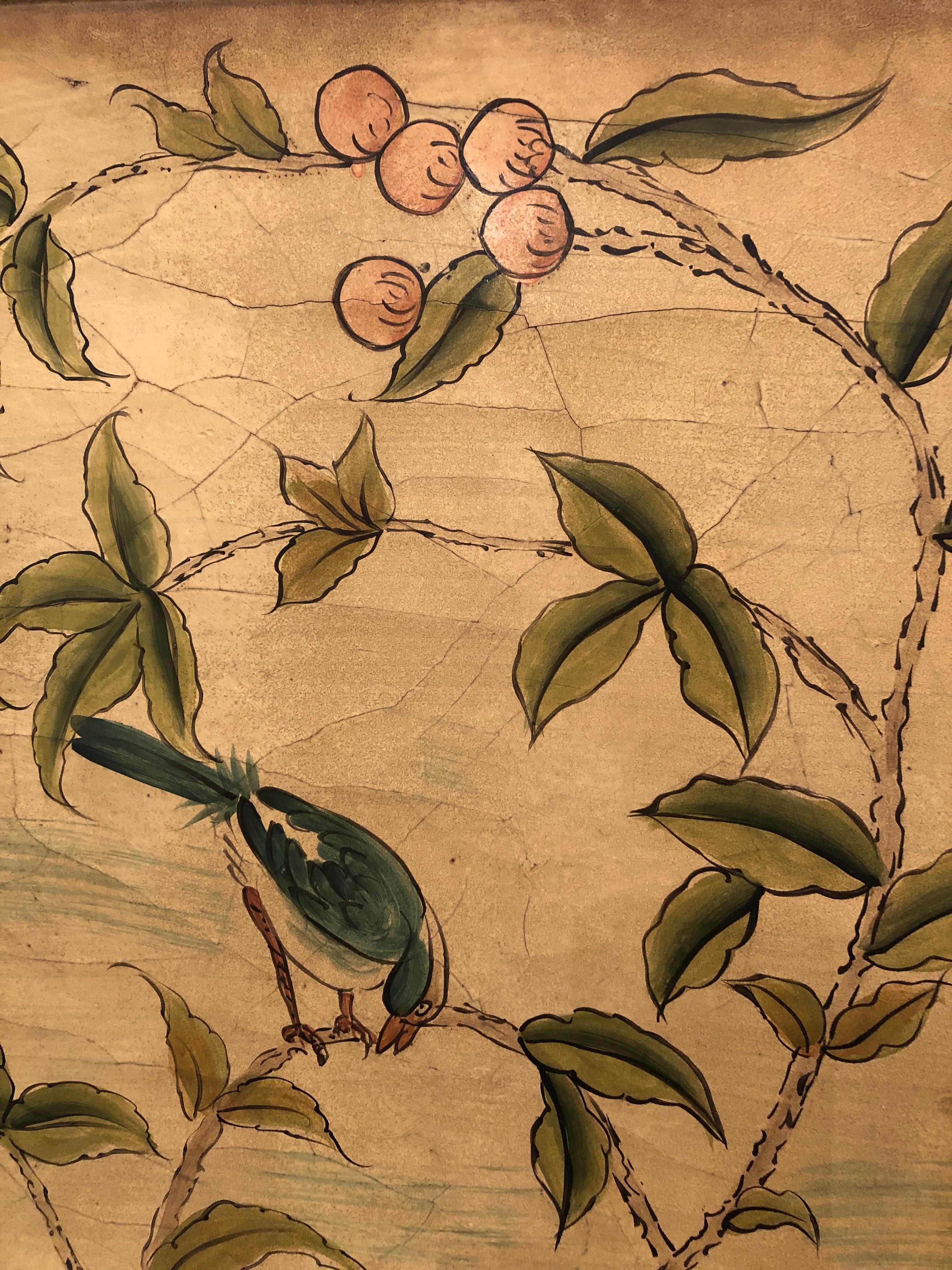 Composition Lovely Pair of Asian Painted Panels with Exotic Birds