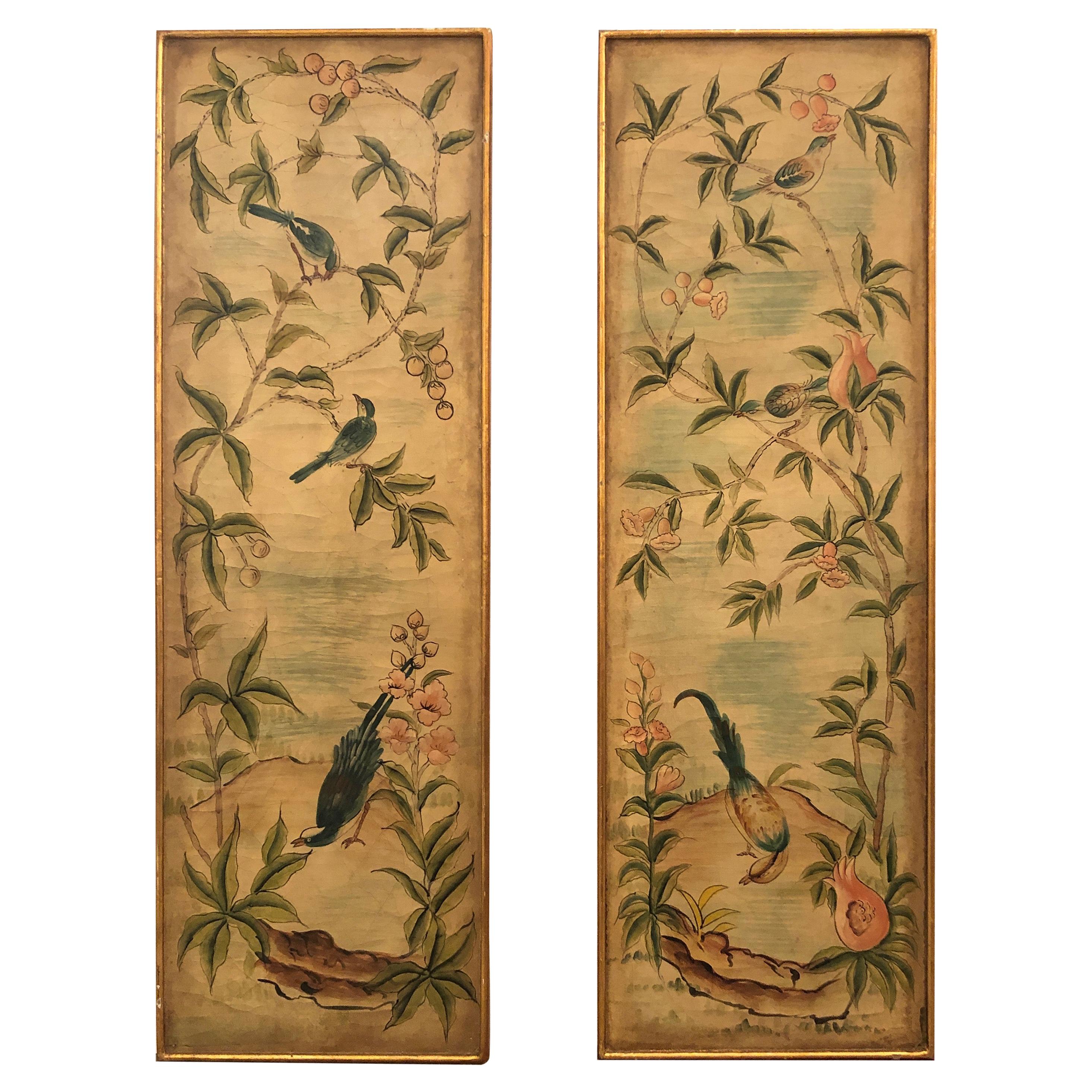 Lovely Pair of Asian Painted Panels with Exotic Birds