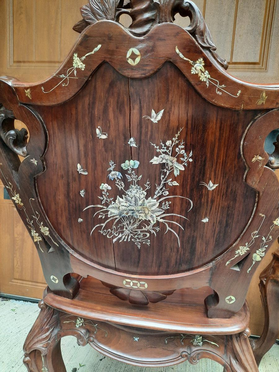 Lovely Pair of Asian Rosewood Armchairs with Mother of Pearl Inlay For Sale 4