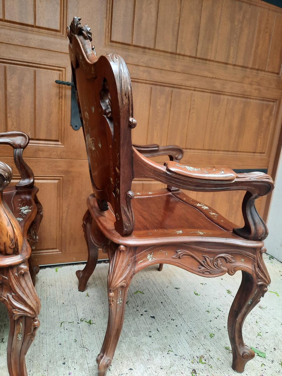 Mother-of-Pearl Lovely Pair of Asian Rosewood Armchairs with Mother of Pearl Inlay For Sale