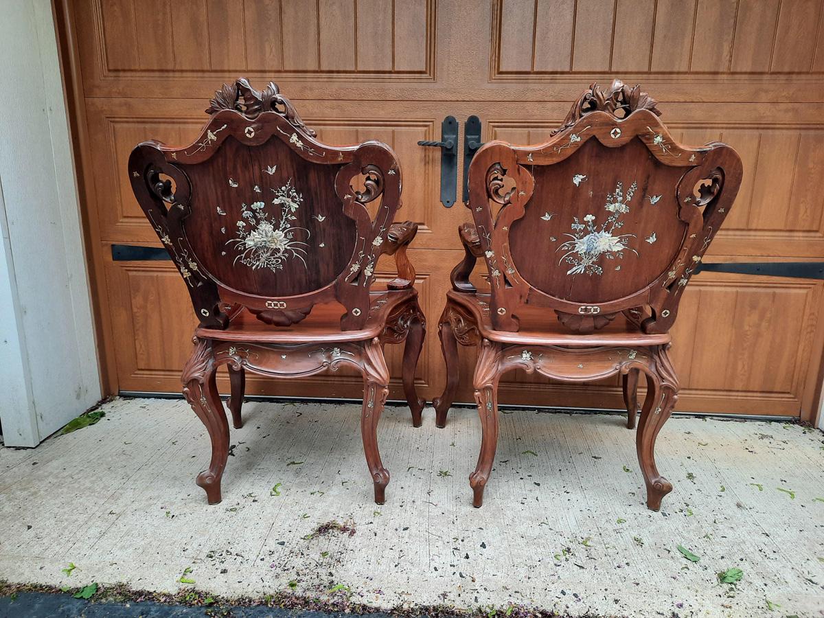 Lovely Pair of Asian Rosewood Armchairs with Mother of Pearl Inlay For Sale 3
