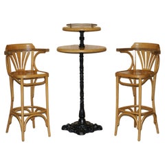 Lovely Pair of Bentwood Thonet Bar Stools + Cast Iron Cocktail Bar Top Table