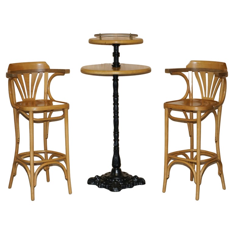 LOVELY PAIR OF BENTWOOD BAR STOOLS + CAST IRON COCKTAiL BAR TOP