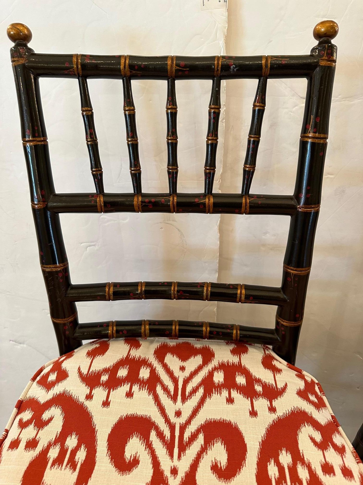 Lovely Pair of Black Faux Bamboo Hand Painted Side Chairs with New Cushions For Sale 4