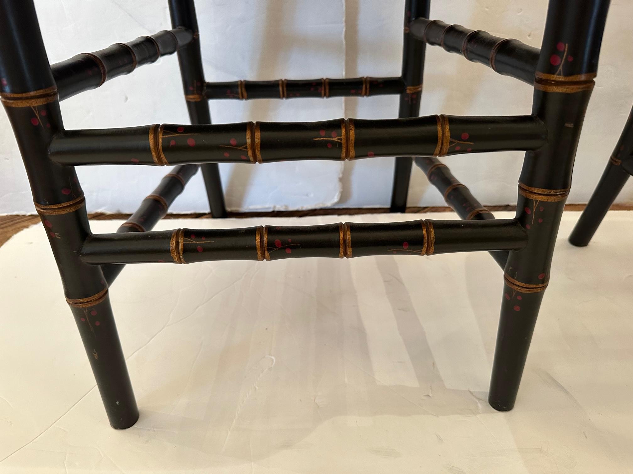 Lovely Pair of Black Faux Bamboo Hand Painted Side Chairs with New Cushions In Good Condition For Sale In Hopewell, NJ